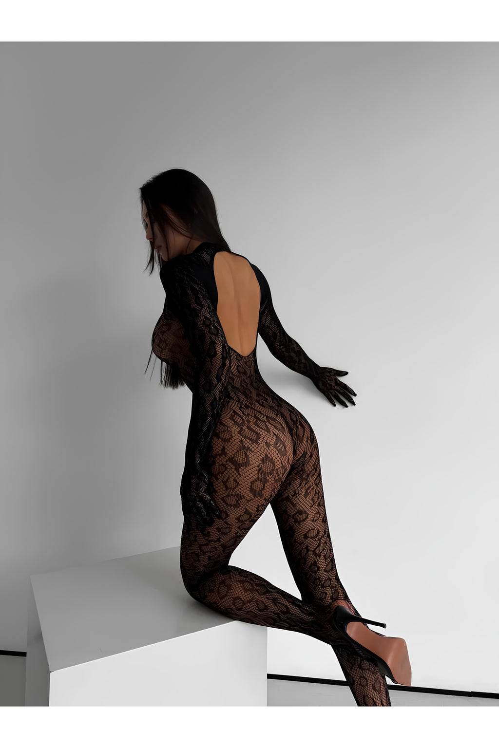 Leopar Desenli File Vücut Çorabı Uzun Kollu Fantazi İç Giyim Bodystocking