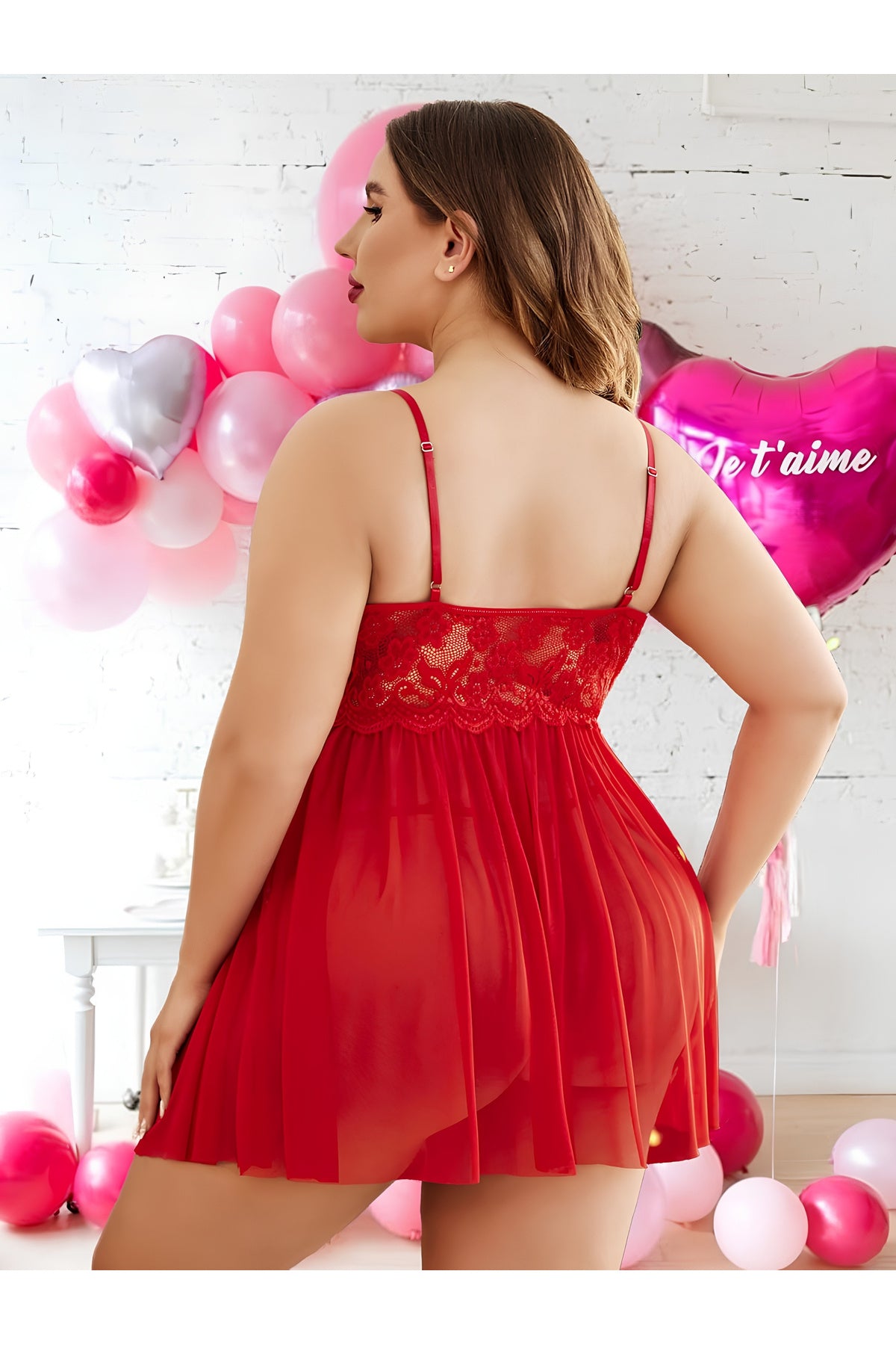 Büyük Beden Kırmızı Dantel Babydoll Gecelik Transparan Tül Fantazi Gecelik Takımı